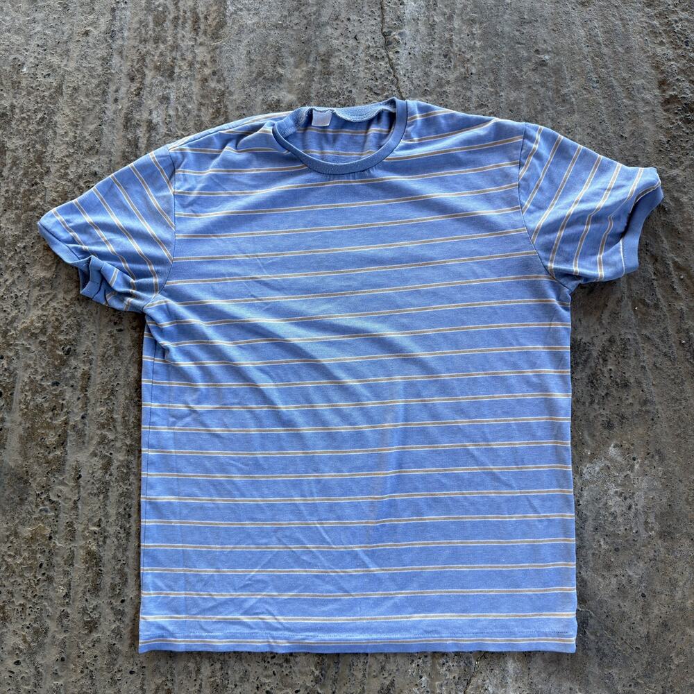 Vintage 80s Blue Yellow Striped Shirt Preppy Twea Cottage Kanye Men's Large